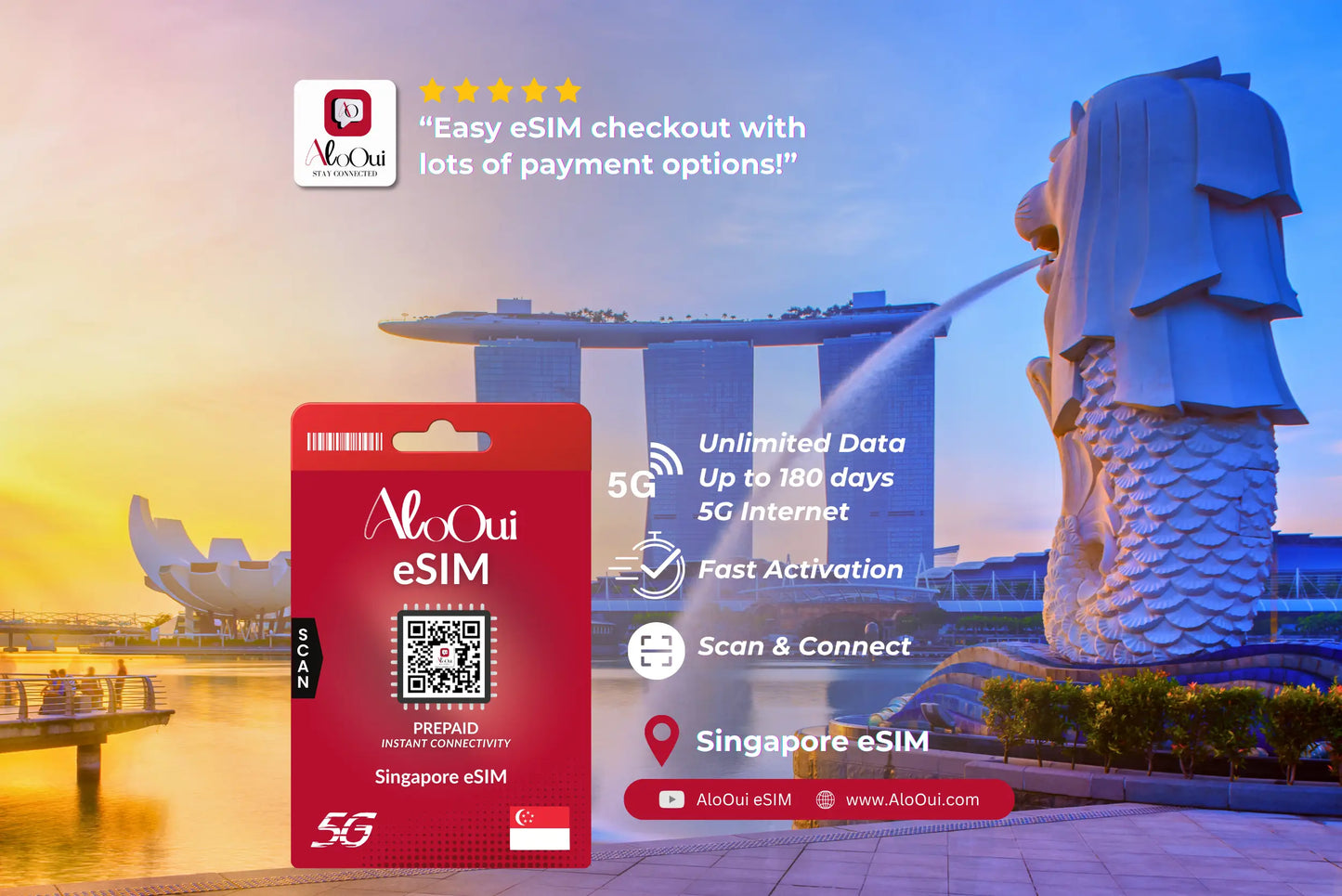 Singapore AloOui eSIM with Singapore Merlion and Marina Bay Sands in the background