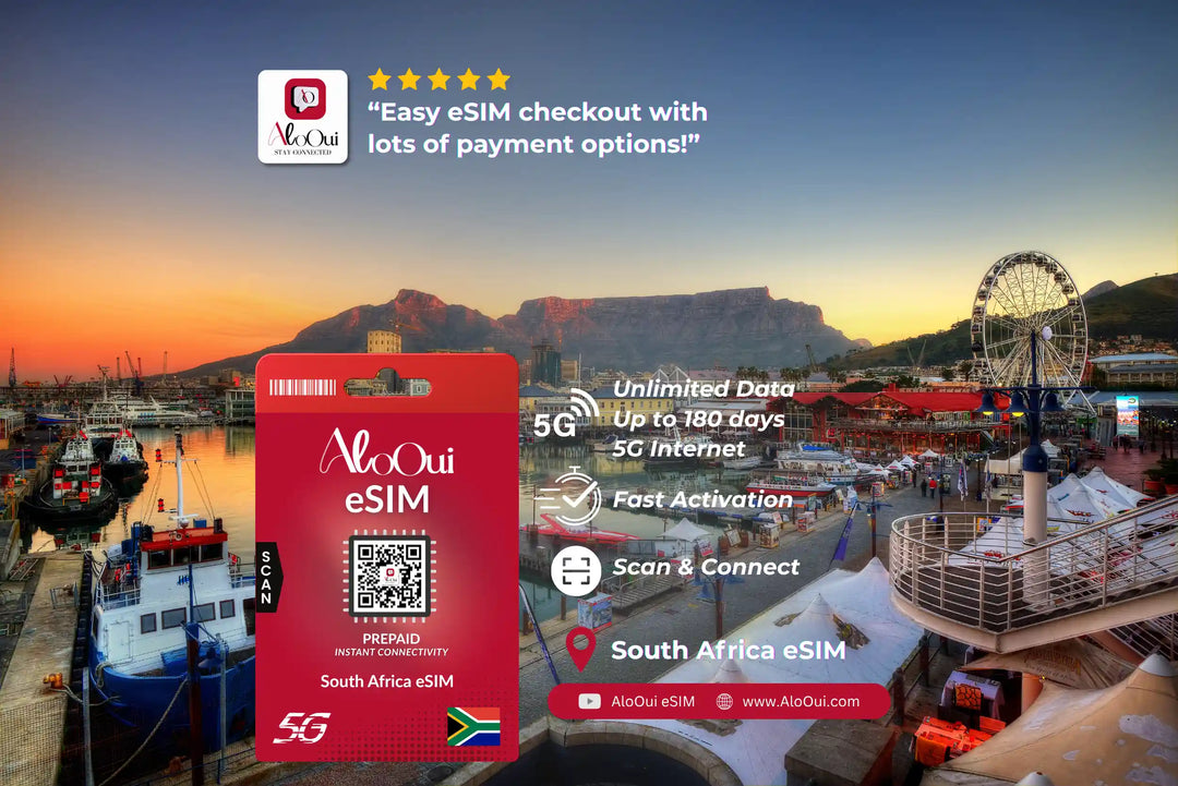 South Africa AloOui eSIM with scenic background of a harbor and Ferris wheel.