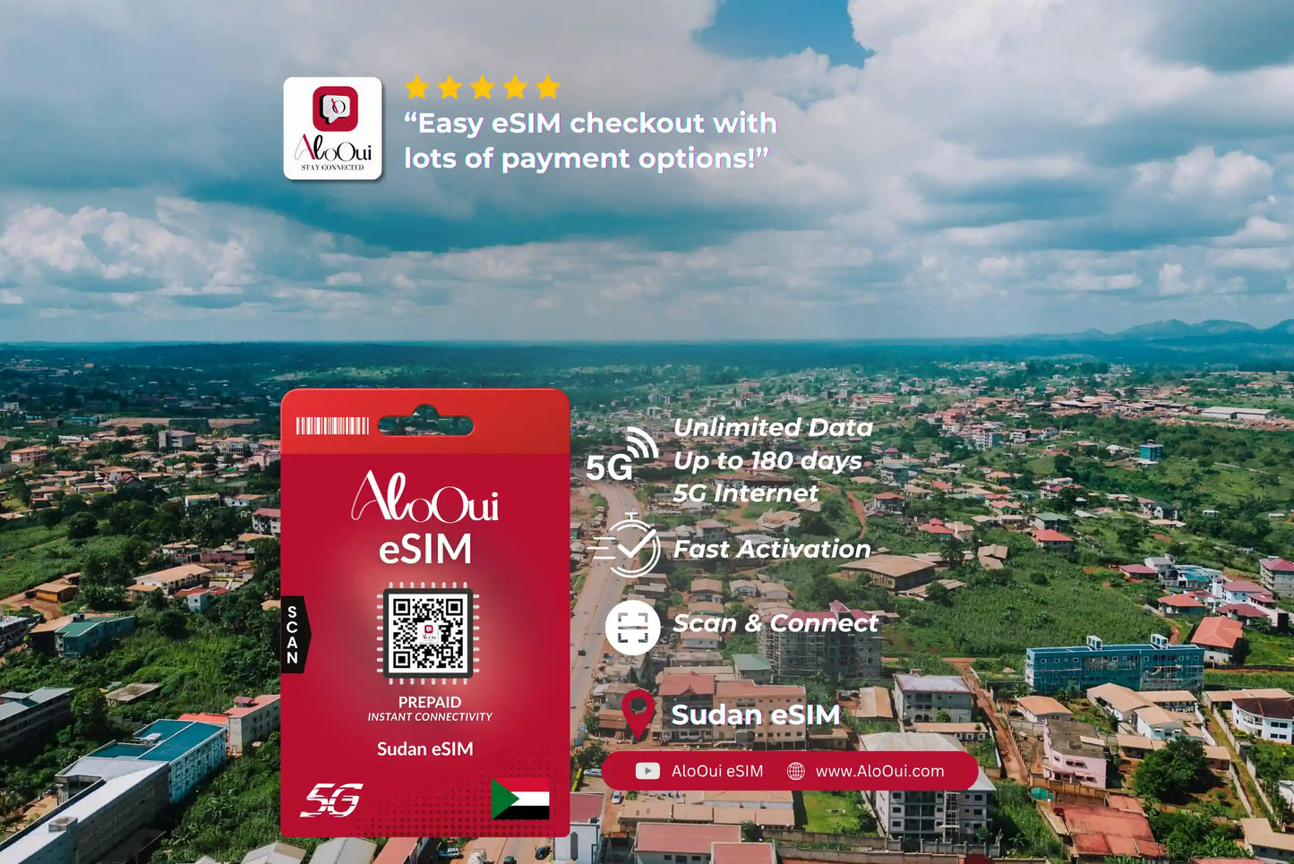 Sudan AloOui eSIM with a scenic view of a town in the background