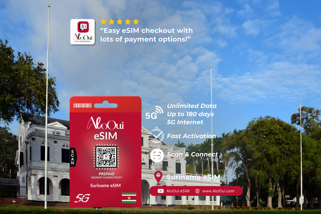 Suriname AloOui eSIM with building and trees in the background