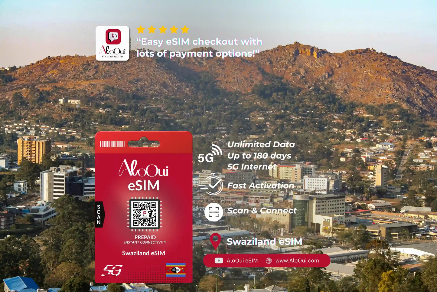Swaziland AloOui eSIM with a scenic city and mountain background