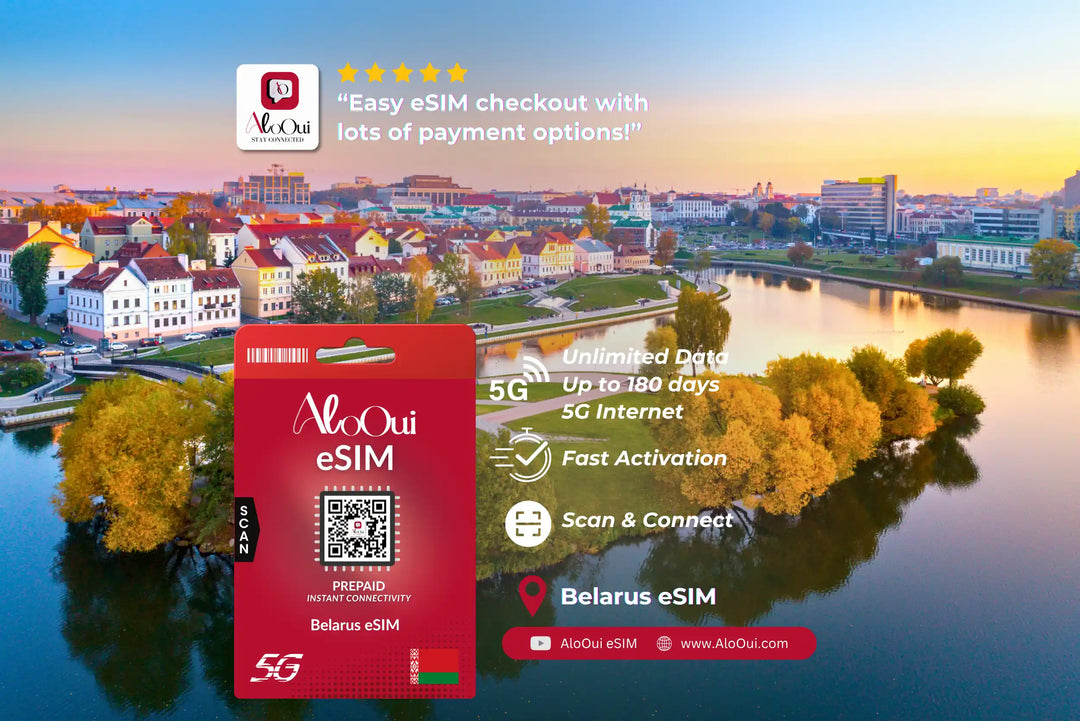 Belarus AloOui eSIM with a scenic cityscape in the background