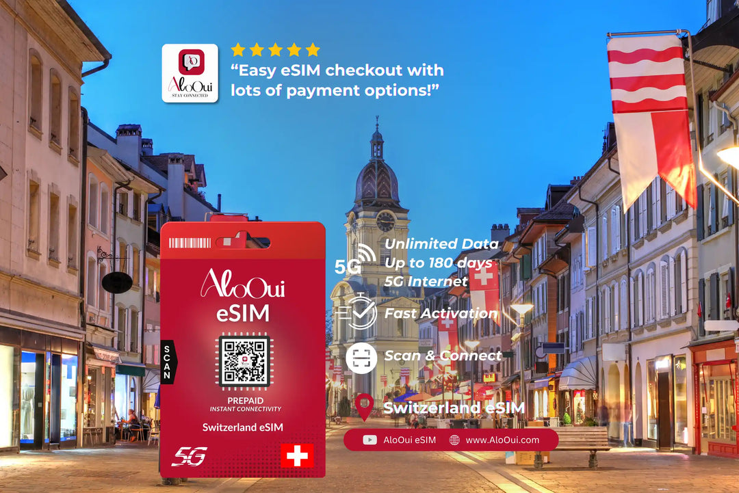Switzerland AloOui eSIM a city street background