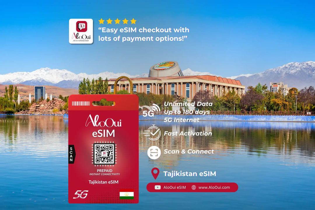Tajikistan AloOui eSIM with scenic background of a building and mountains.
