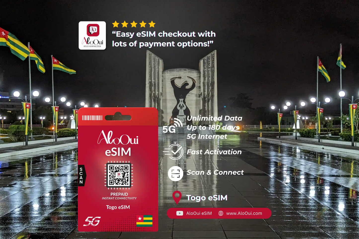Togo AloOui eSIM with a wet street background