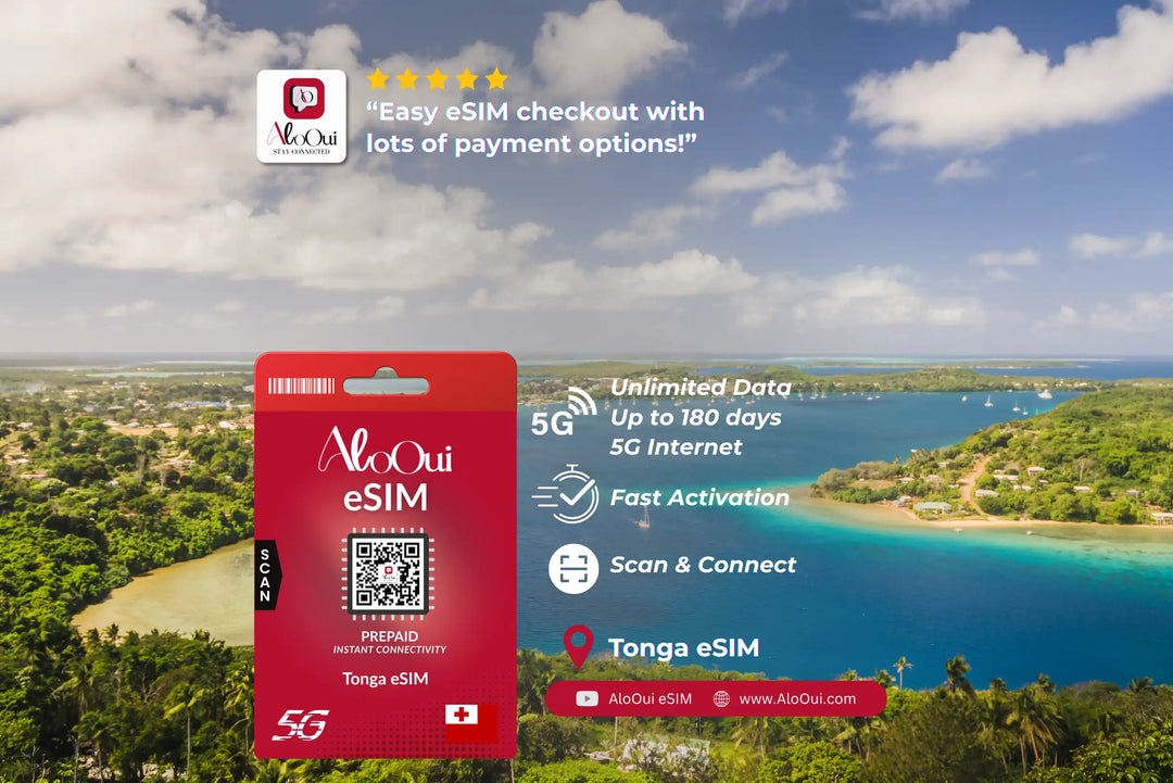 Tonga AloOui eSIM with scenic background of a tropical island