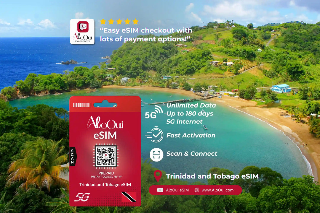 Trinidad and Tobago AloOui eSIM with a scenic view of a beach and mountains in the background