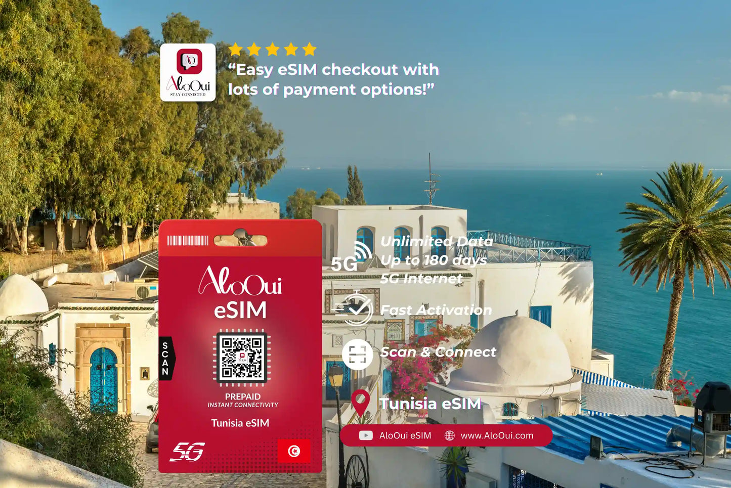 Tunisia AloOui eSIM with scenic background of a coastal building and palm tree.