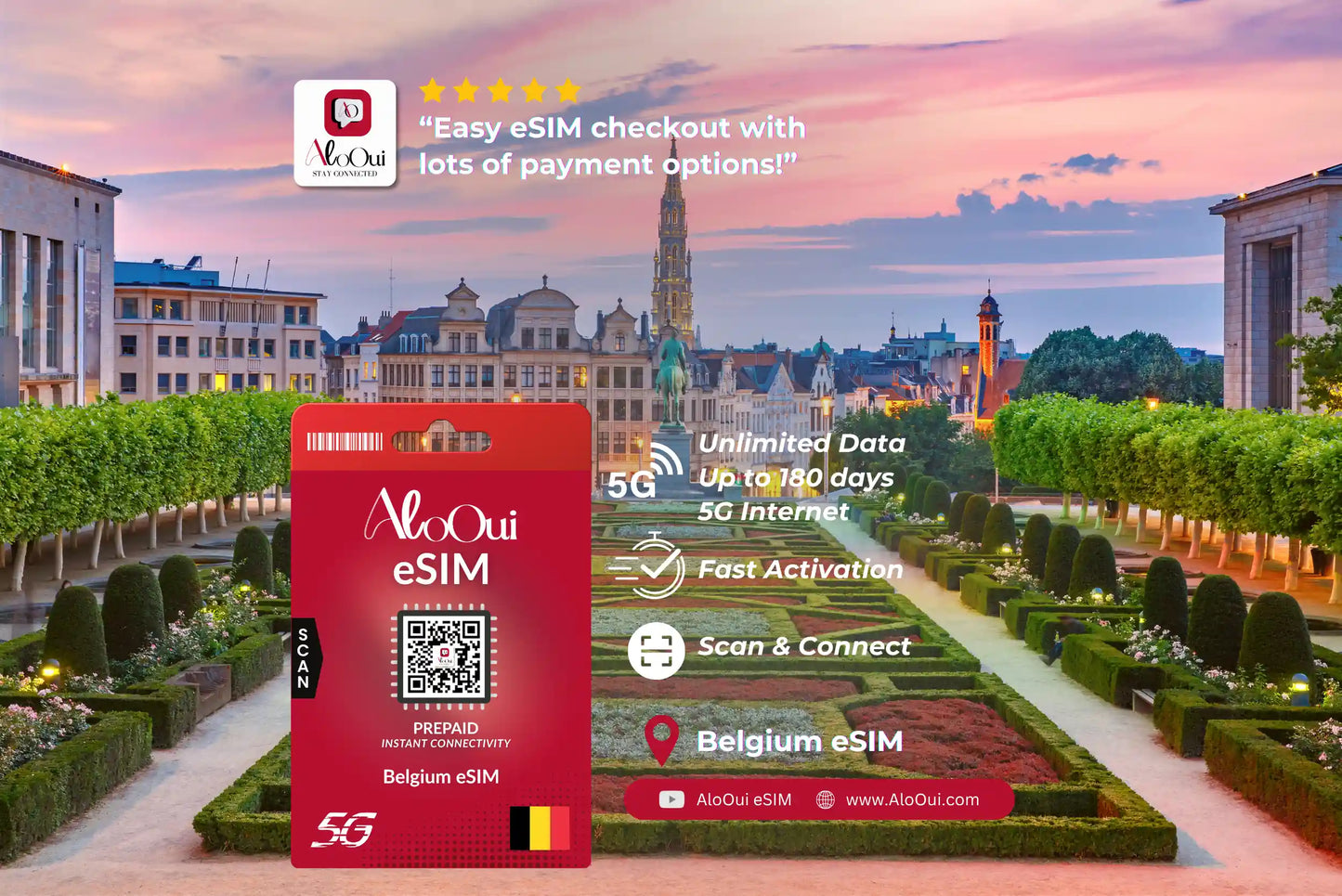 Belgium AloOui eSIM with a scenic cityscape in the background