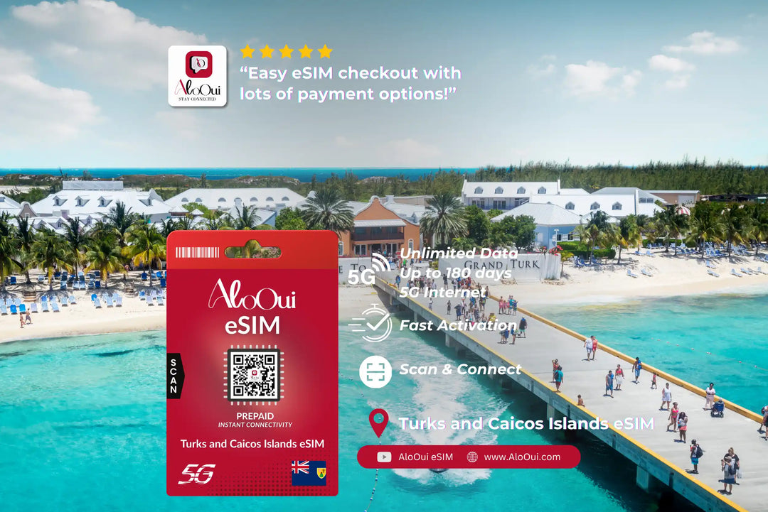 Turks and Caicos Islands AloOui eSIM with a scenic beach and pier in the background