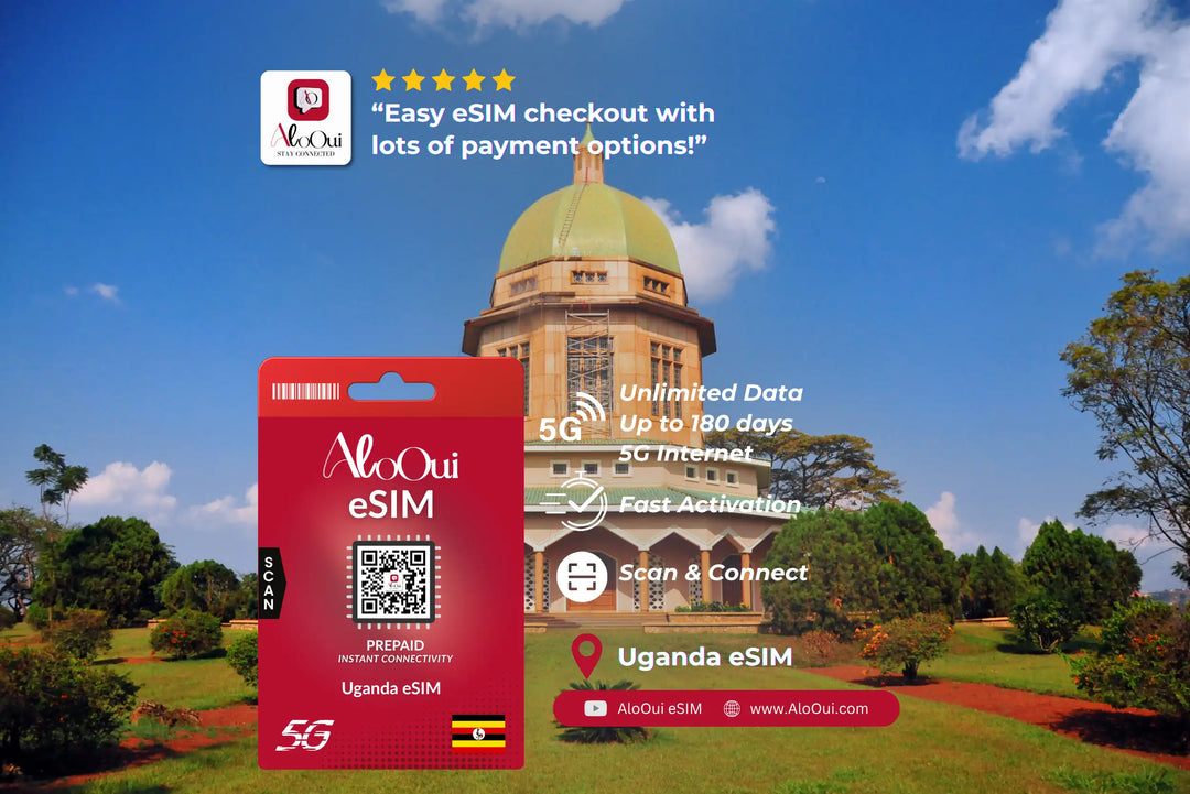 Uganda AloOui eSIM with a scenic background of a building and trees.