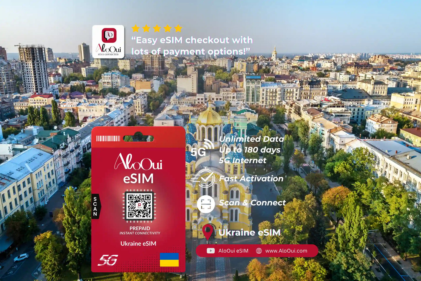 Ukraine AloOui eSIM with branding and text overlay on a cityscape background
