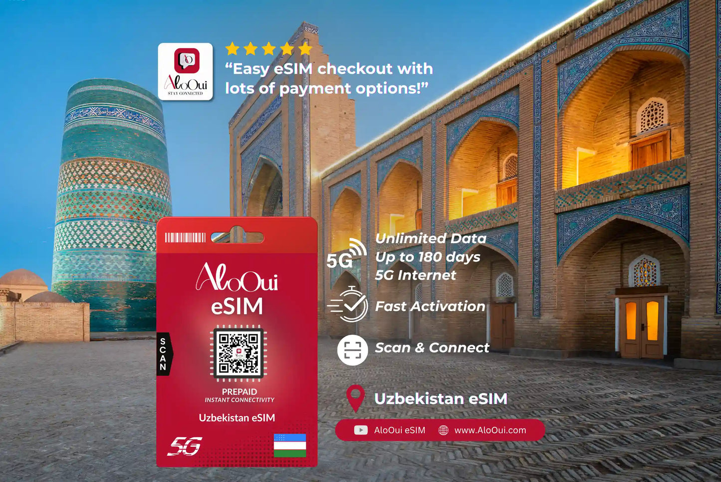 Uzbekistan AloOui eSIM in front of a traditional building.