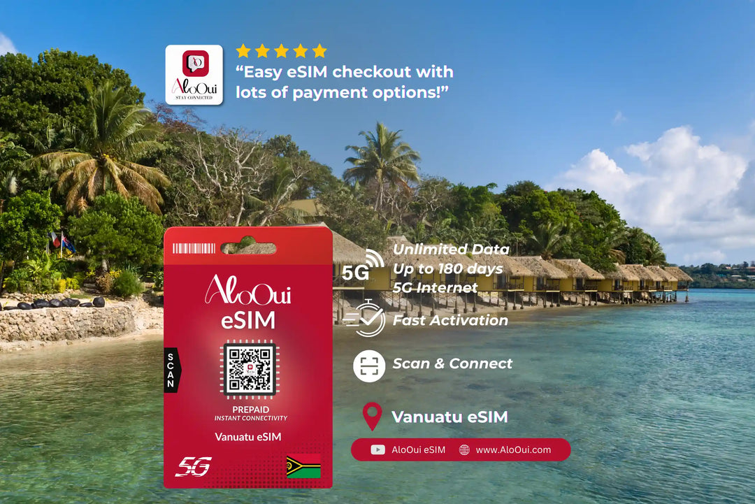 Vanuatu AloOui eSIM with a scenic background.