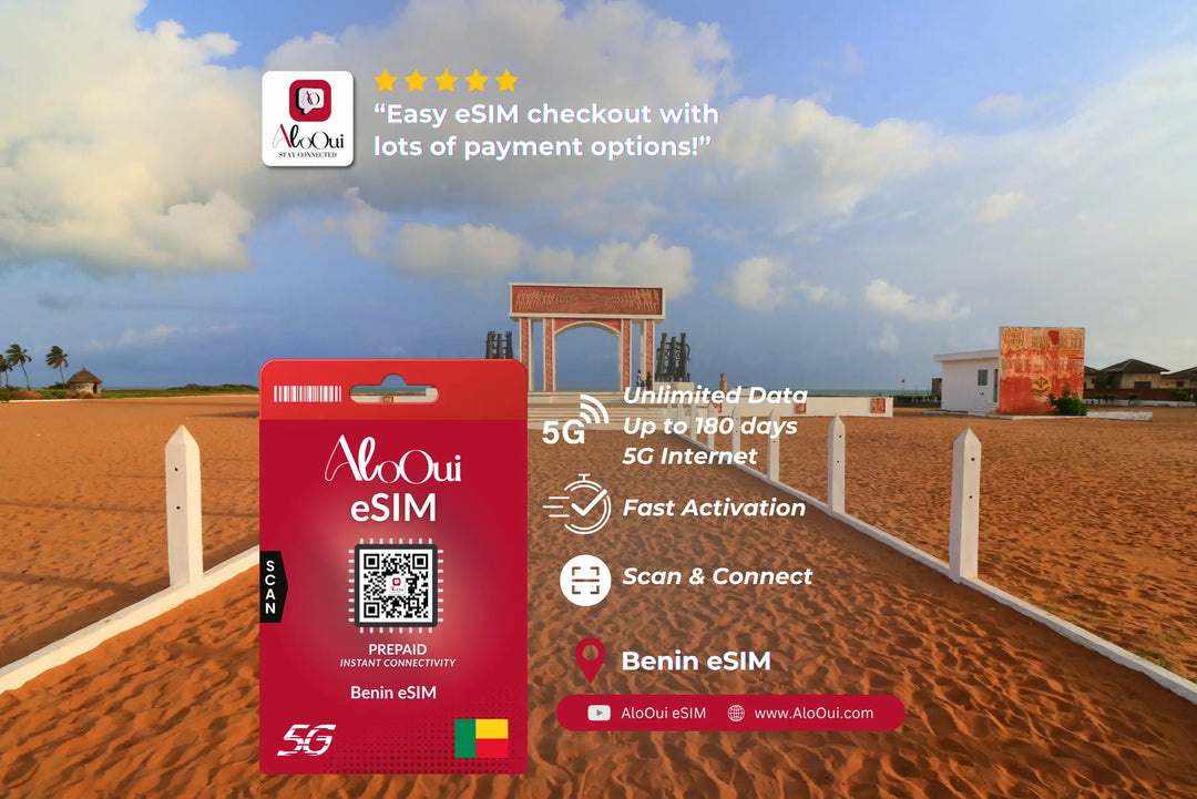 Benin AloOui eSIM with desert landscape and text about eSIM checkout options.