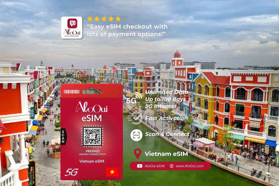 Vietnam AloOui eSIM with a colorful street scene in Vietnam in the background