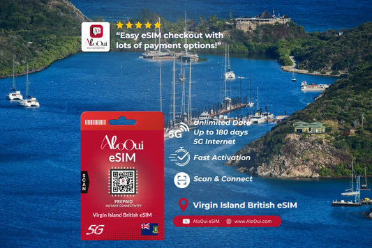 UK Virgin Islands AloOui eSIM with scenic background of boats and mountains 