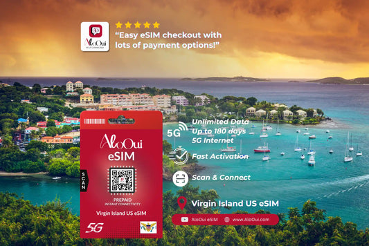 US Virgin Islands AloOui eSIM with scenic background of a coastal town and ocean. 