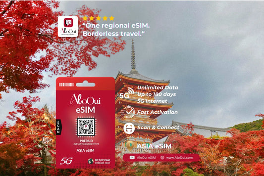 Asia AloOui eSIM Regional Plan with scenic autumn foliage and traditional Japanese pagoda background. 
