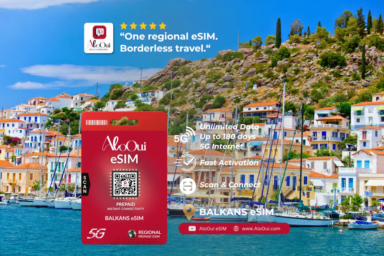 Balkans AloOui eSIM Regional Plan with a bright Mediterranean coastal village background featuring colorful hillside houses, sailboats, and rocky green slopes.
