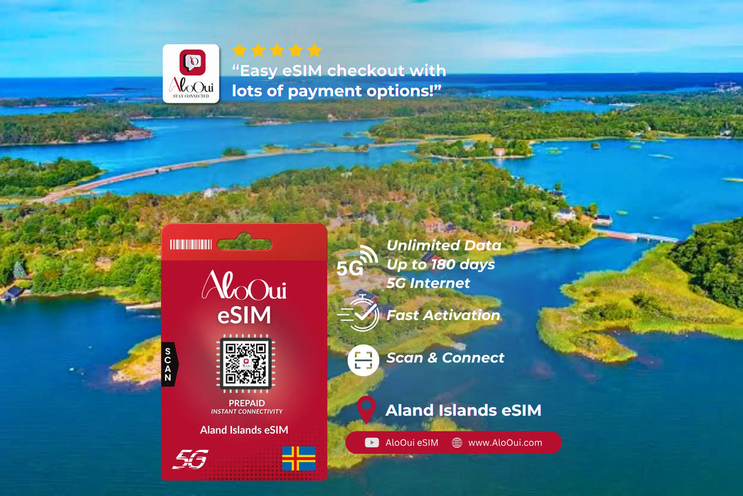 Aland Islands AloOui eSIM with scenic archipelago and blue ocean background.
