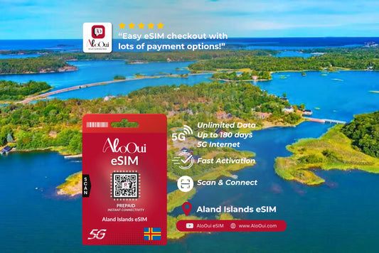 Aland Islands AloOui eSIM with scenic archipelago and blue ocean background.
 