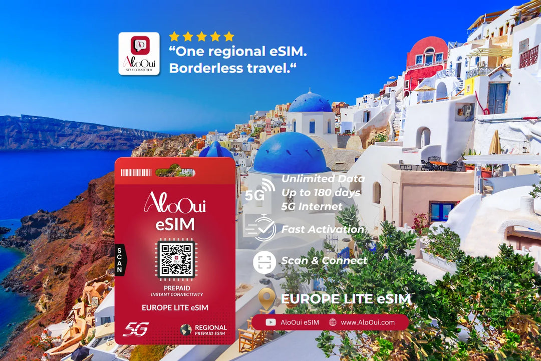 Europe lite AloOui eSIM Regional Plan with scenic white cliffside village and deep blue ocean background.
