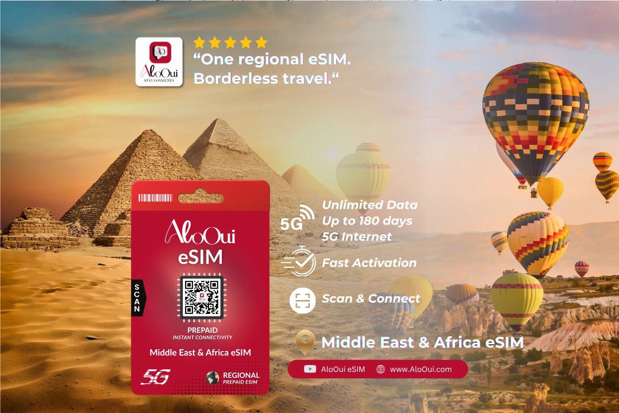 Middle East & Africa AloOui eSIM Regional Plan with scenic desert pyramids and colorful hot-air balloon background.
