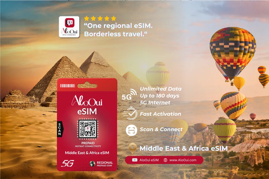 Middle East & Africa AloOui eSIM Regional Plan with scenic desert pyramids and colorful hot-air balloon background.
 