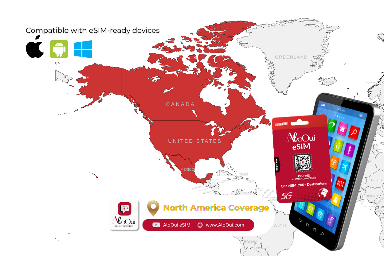 Countries Coverage for North America AloOui eSIM Regional Plan