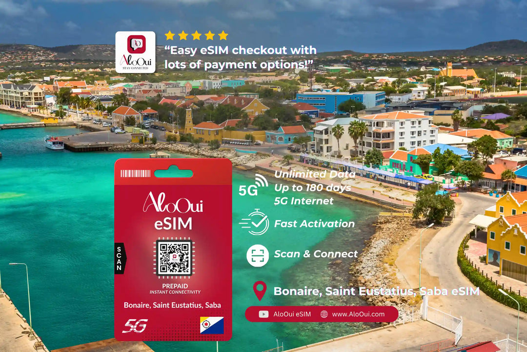 Bonaire, Saint Eustatius, Saba AloOui eSIM with scenic background of a coastal town.