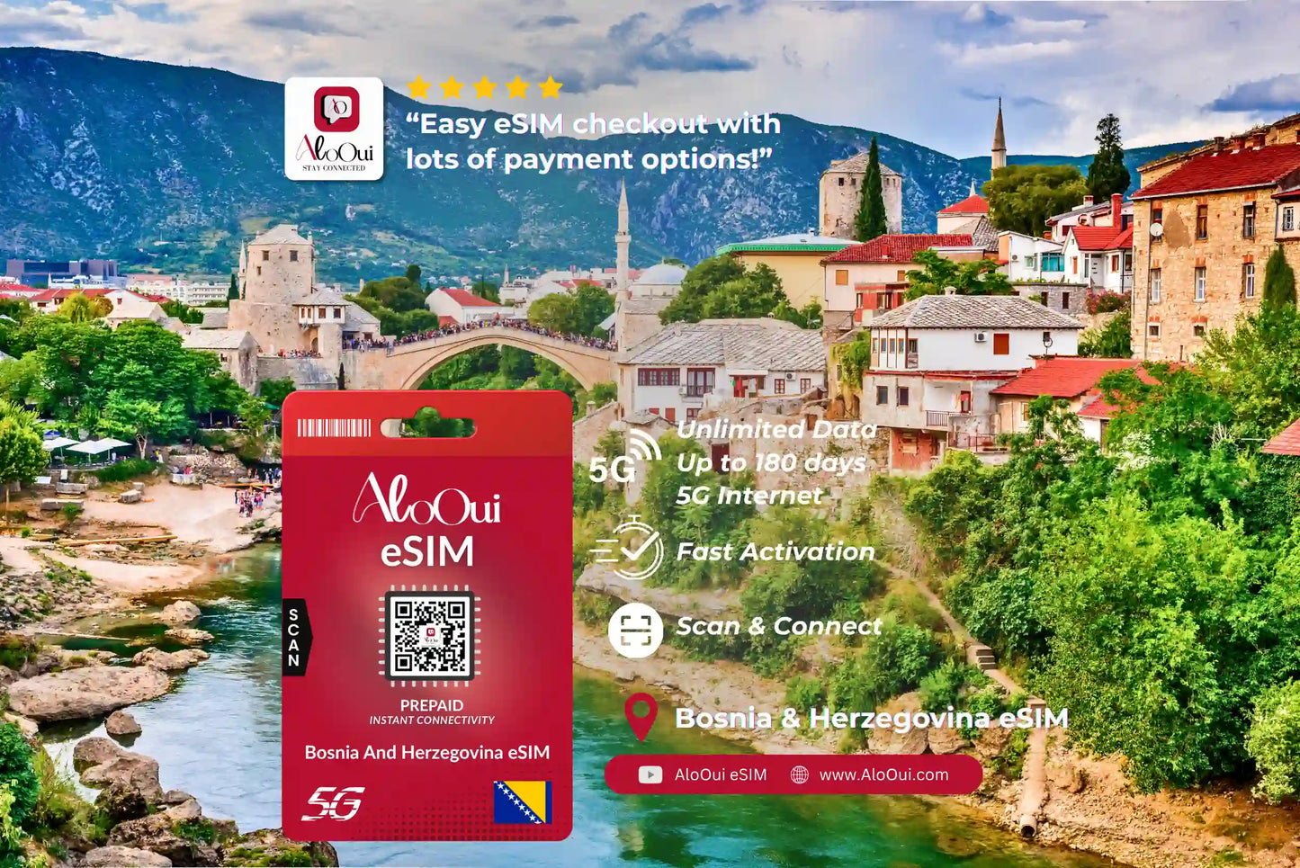 Bosnia and Herzegovina AloOui eSIM with a scenic background of a town and mountains.