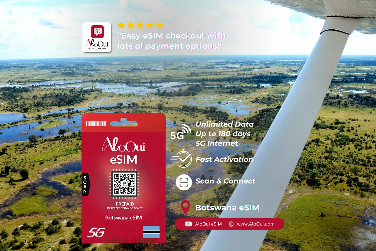 Botswana AloOui eSIM with a scenic background of a helicopter over a landscape.