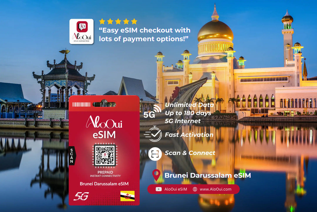 Brunei Darussalam AloOui eSIM with a scenic mosque in the background