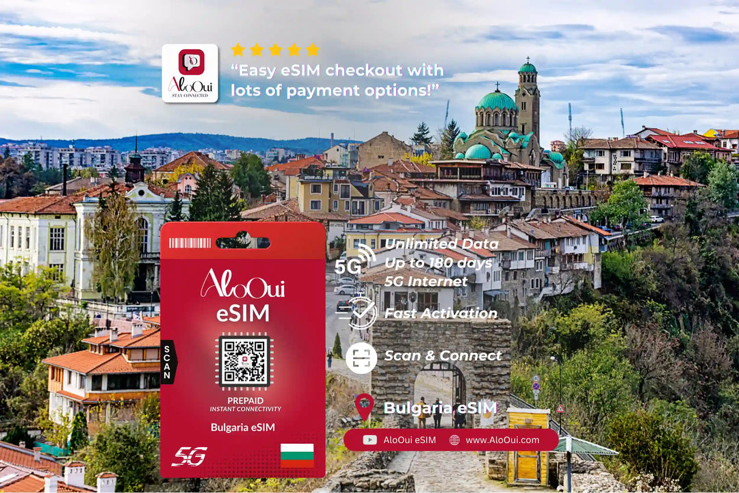 Bulgaria AloOui eSIM with a scenic cityscape in the background
