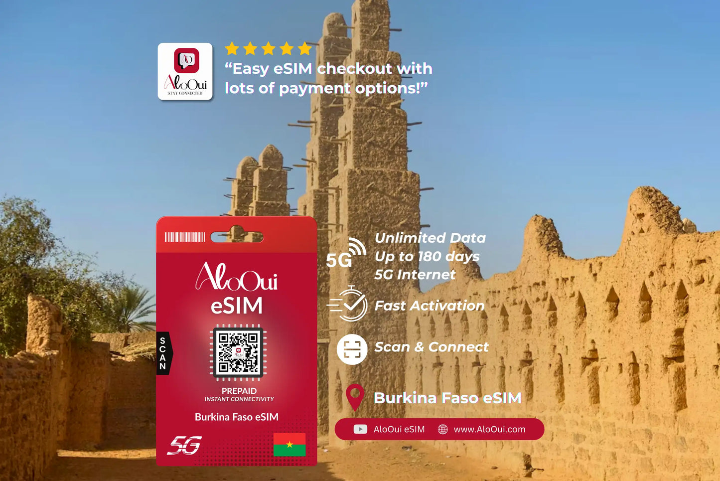 Burkina Faso AloOui eSIM with desert architecture in the background