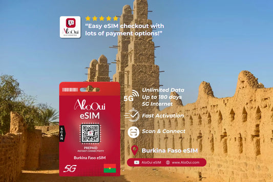 Burkina Faso AloOui eSIM with desert architecture in the background 
