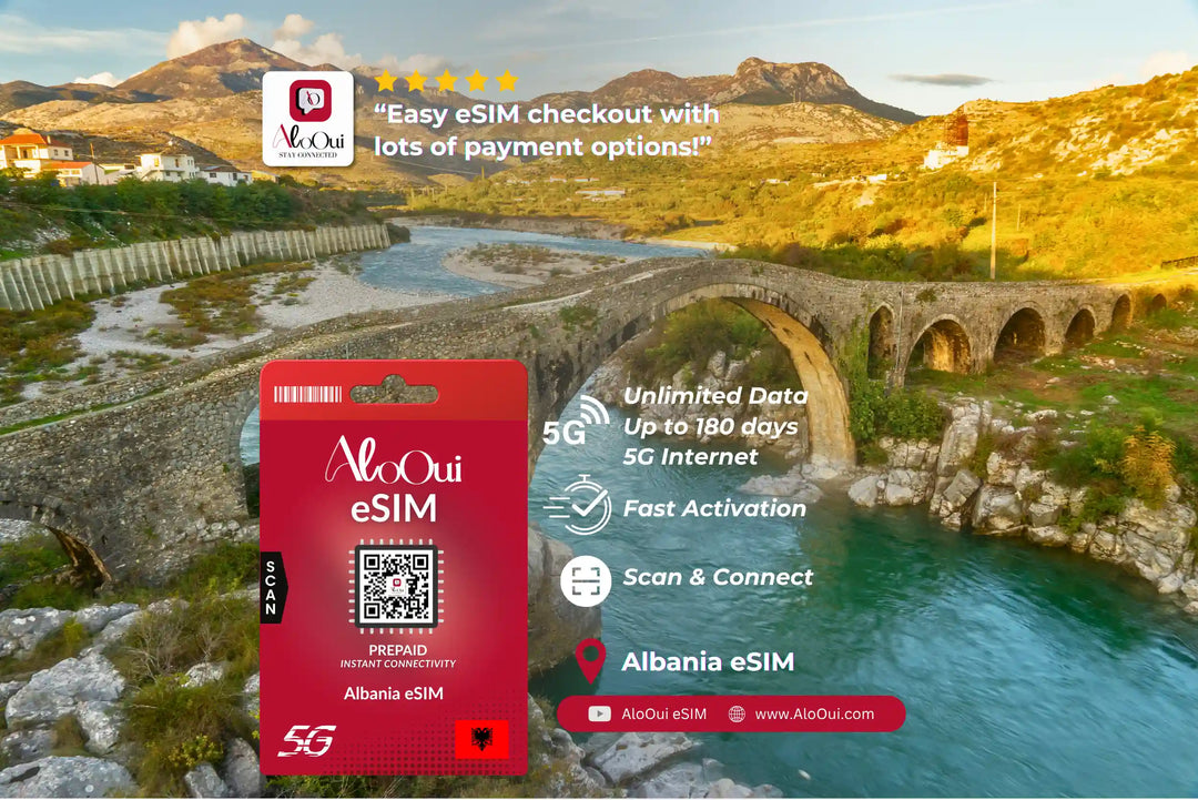 Albania AloOui eSIM with scenic background of a bridge over a river
