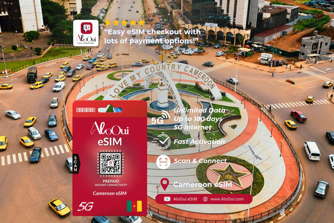 Cameroon AloOui eSIM with a cityscape background featuring a roundabout.