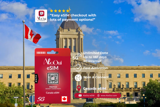 Canada AloOui eSIM with building and flag in the background 