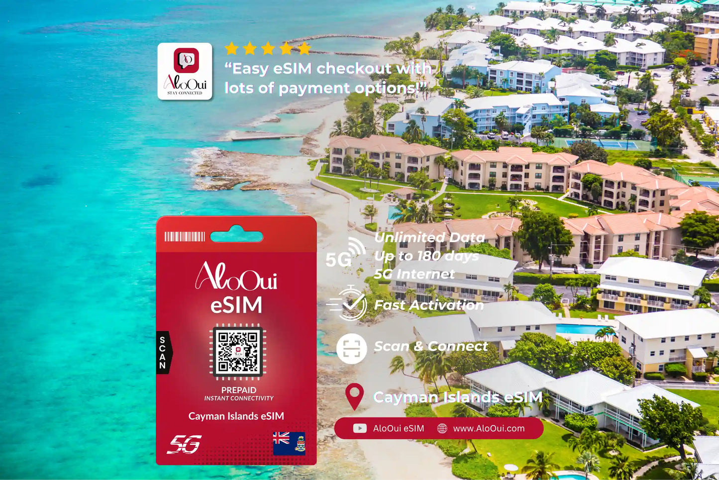 Cayman Islands AloOui eSIM in front of a Cayman Islands resort.