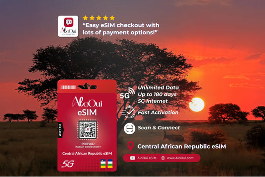 Central African Republic AloOui eSIM card with sunset landscape 