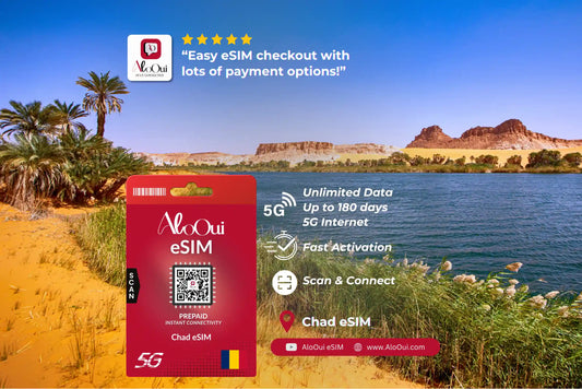 Chad AloOui eSIM with scenic desert and lake background 