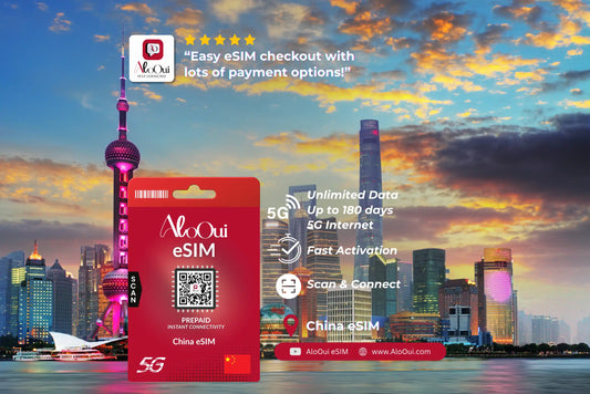 Chine AloOui eSIM with a city skyline in the background 
