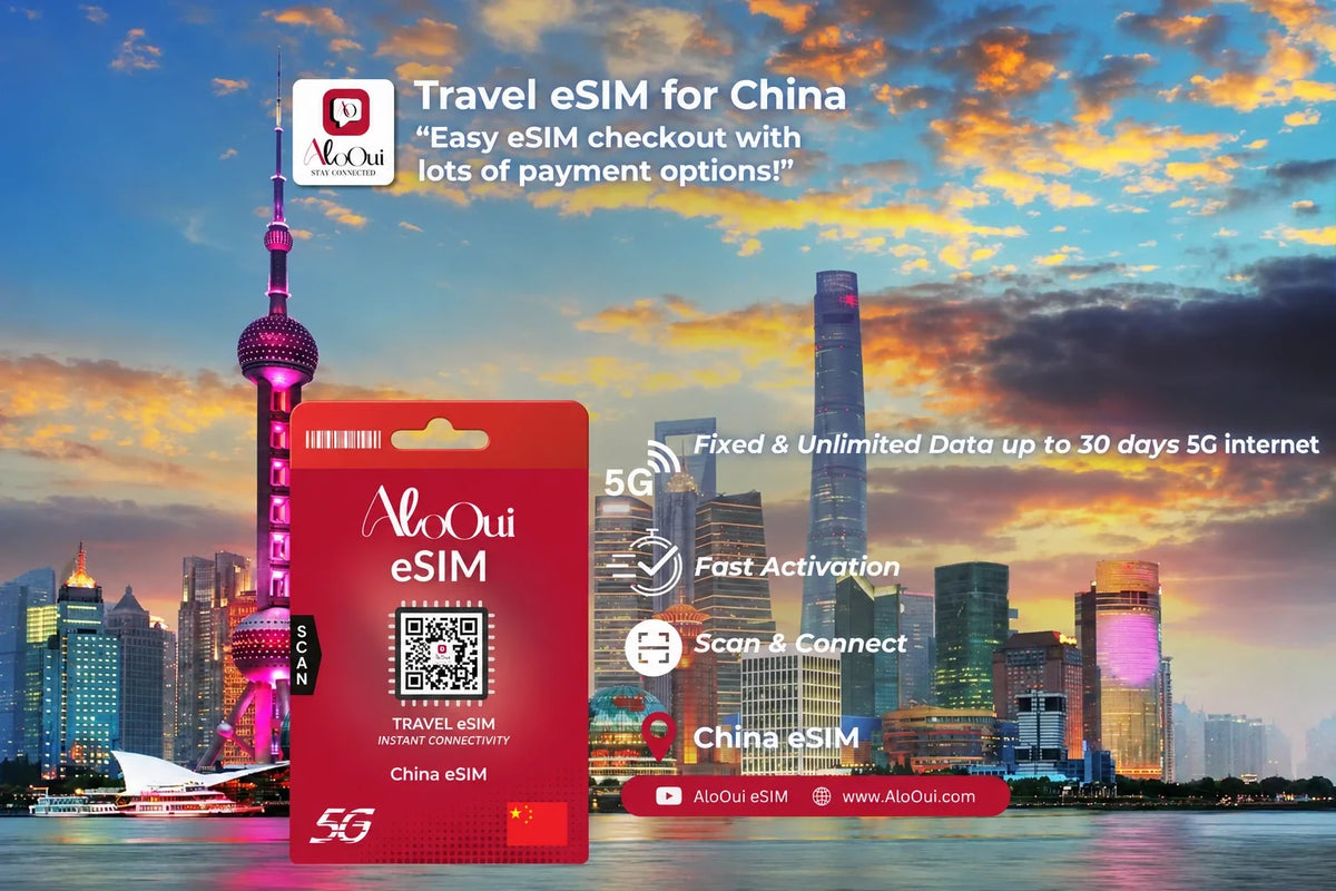 Chine AloOui eSIM with a city skyline in the background