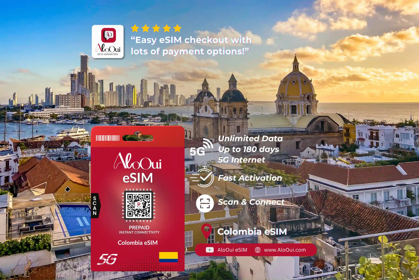 Colombia AloOui eSIM with a scenic cityscape in the background