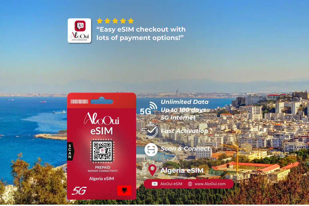 Algeria AloOui eSIM with a scenic city view and promotional text.