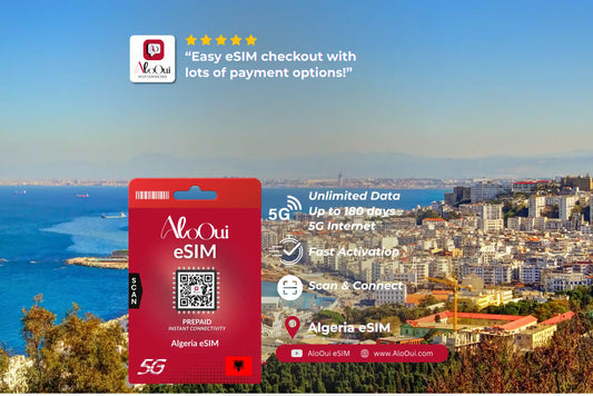 Algeria AloOui eSIM with a scenic city view and promotional text. 