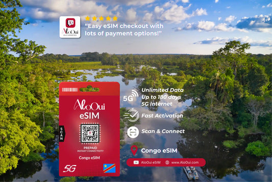 Congo AloOui eSIM with scenic background of trees and water 