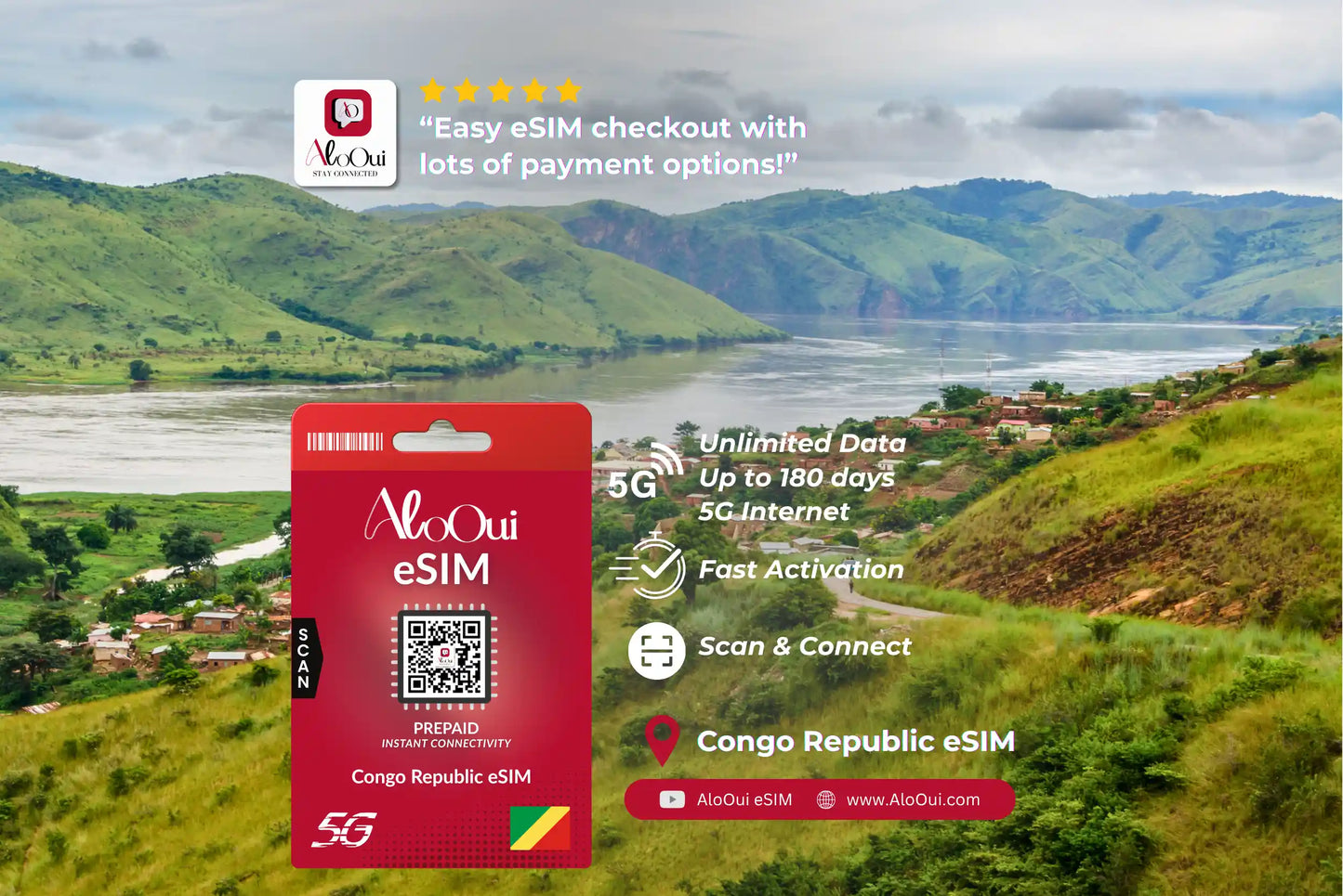 Congo Republic AloOui eSIM with a scenic landscape in the background